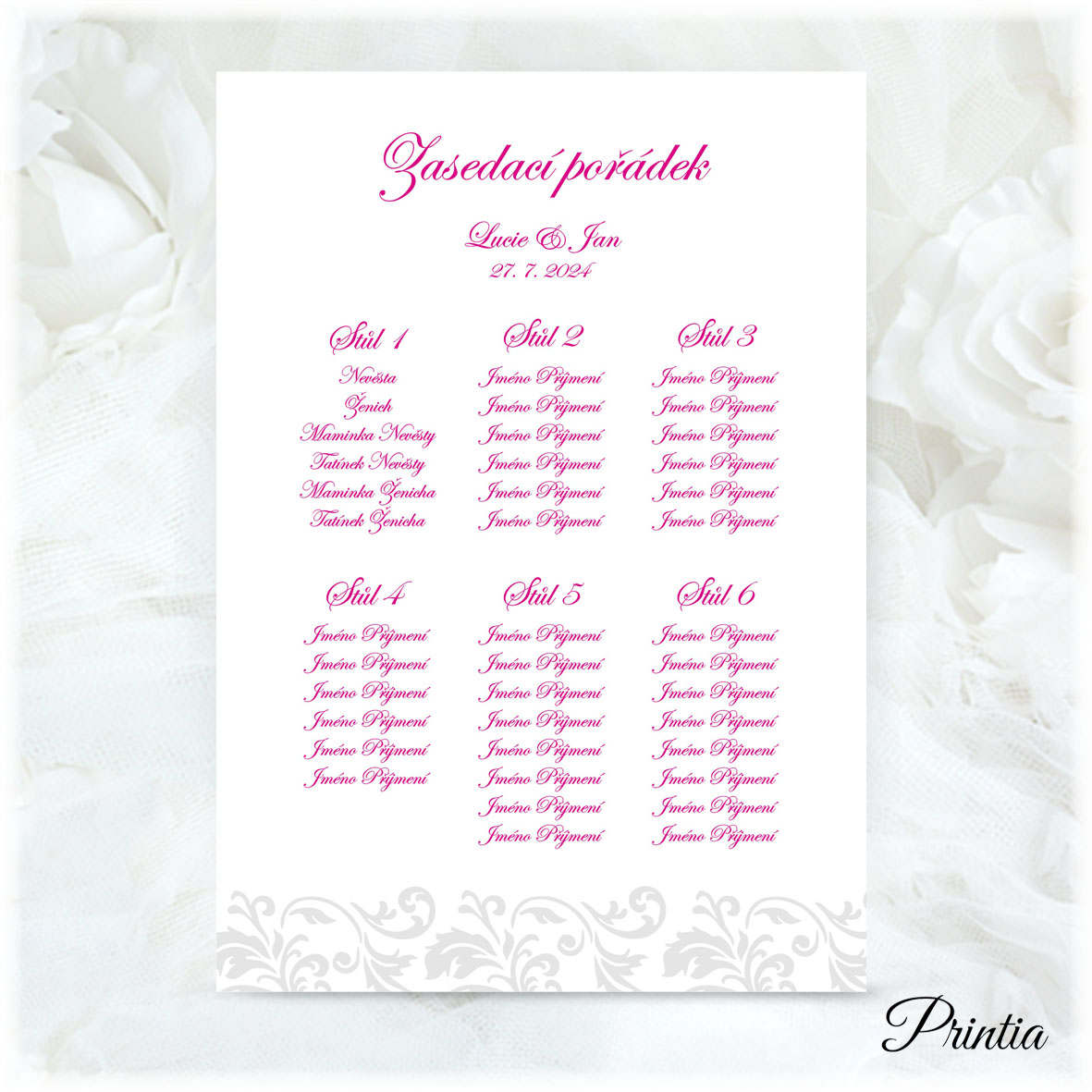 Wedding seating plan with gray ornament