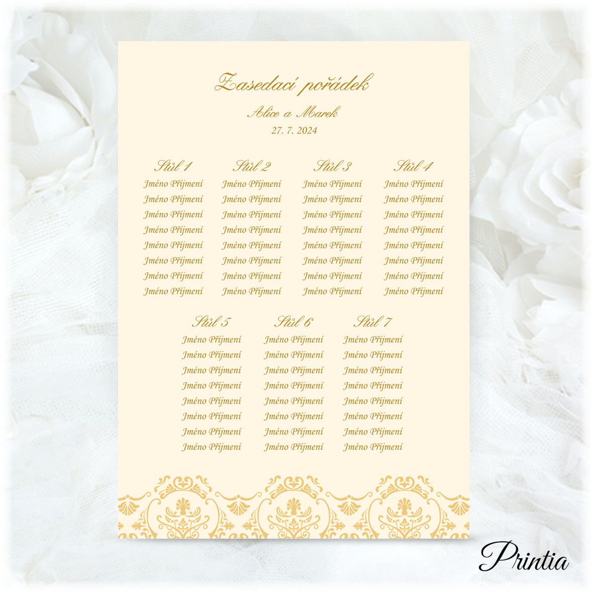 Wedding seating plan with printed ornament