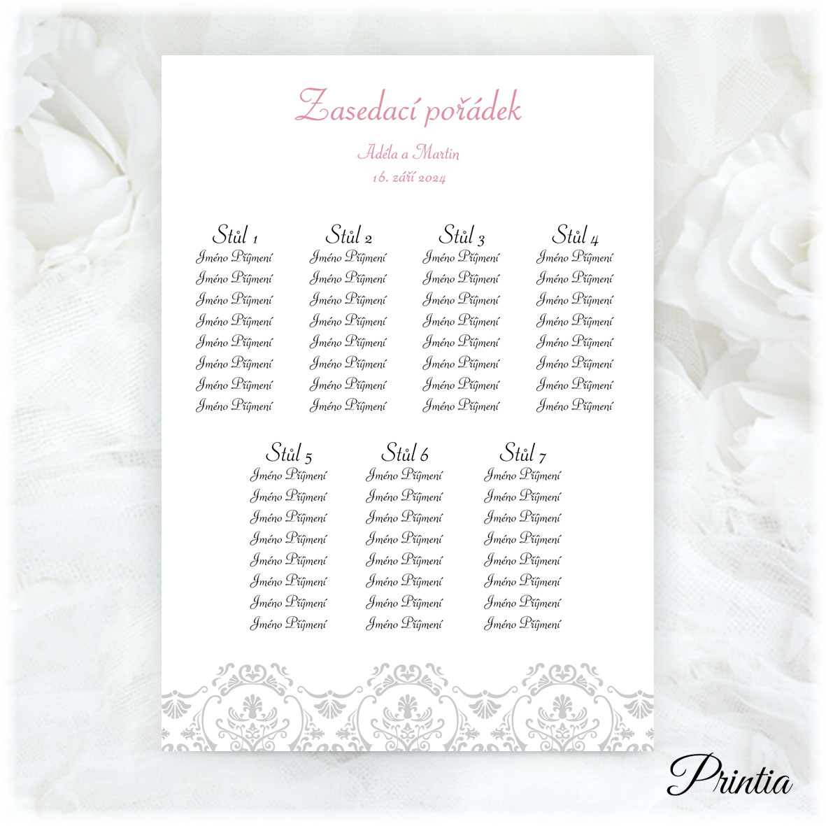 Wedding seating plan with gray ornament