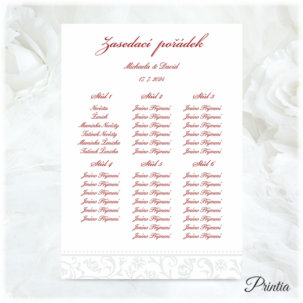 Wedding seating plan with gray ornament