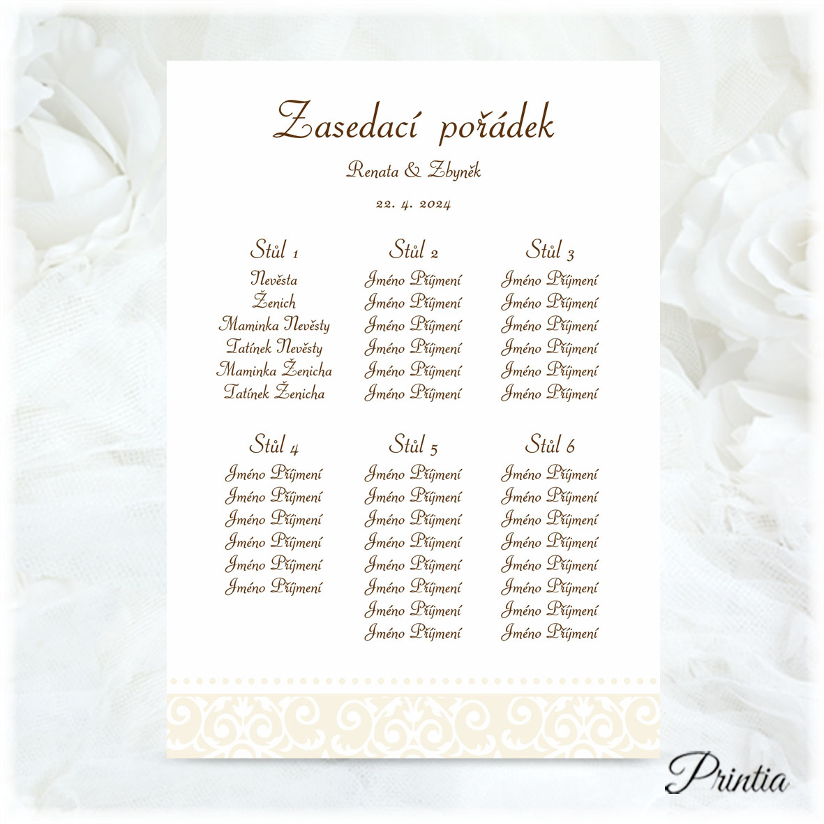 Wedding seating plan with beige ornament