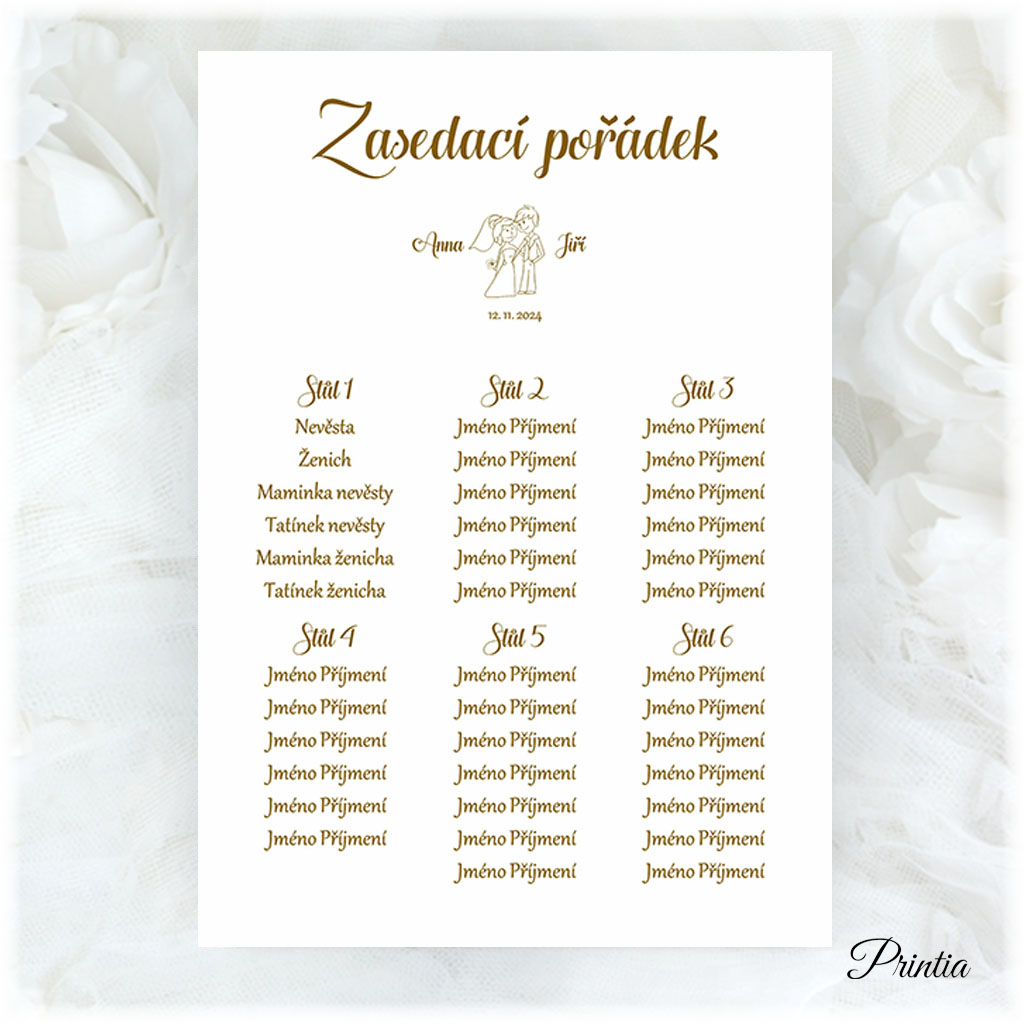 Wedding seating chart with bride and groom