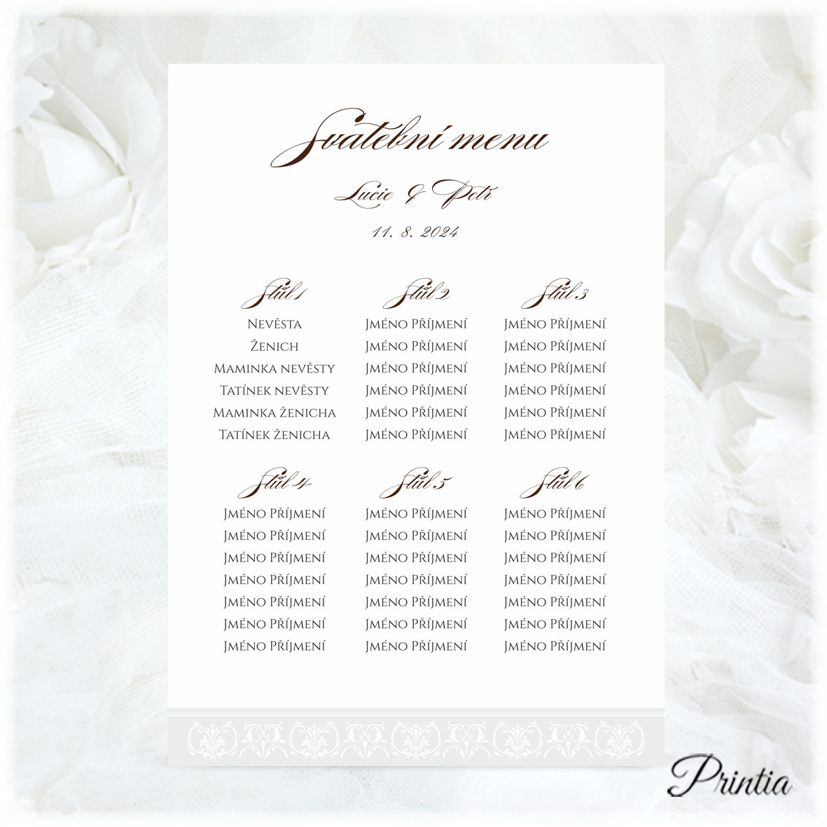 Wedding seating plan with gray ornament