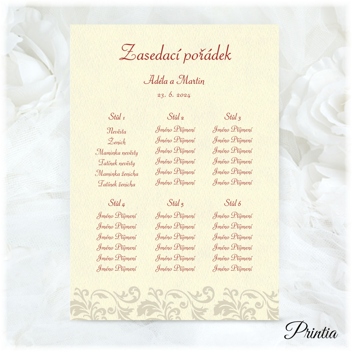 Wedding seating plan on cream paper