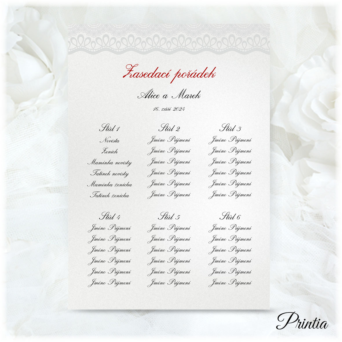 Wedding seating plan with a lace motif