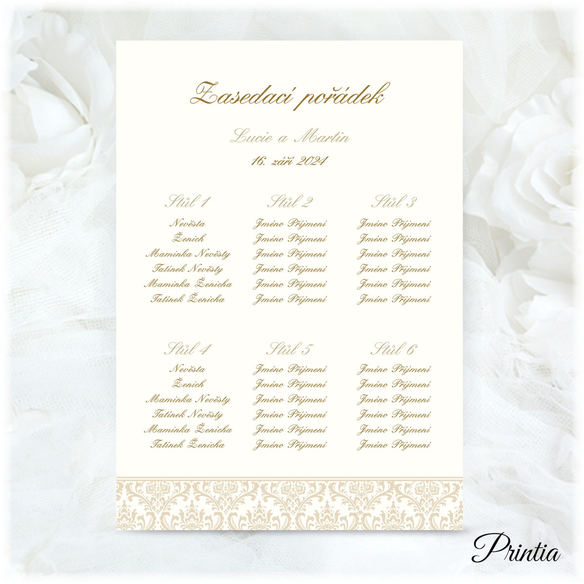 Wedding seating order with chateau ornament