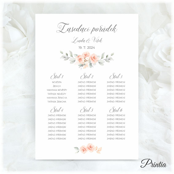 Wedding seating chart with apricot flowers