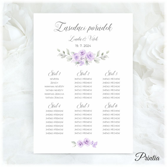 Wedding seating plan with purple flowers