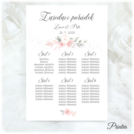Wedding seating chart with pink flowers