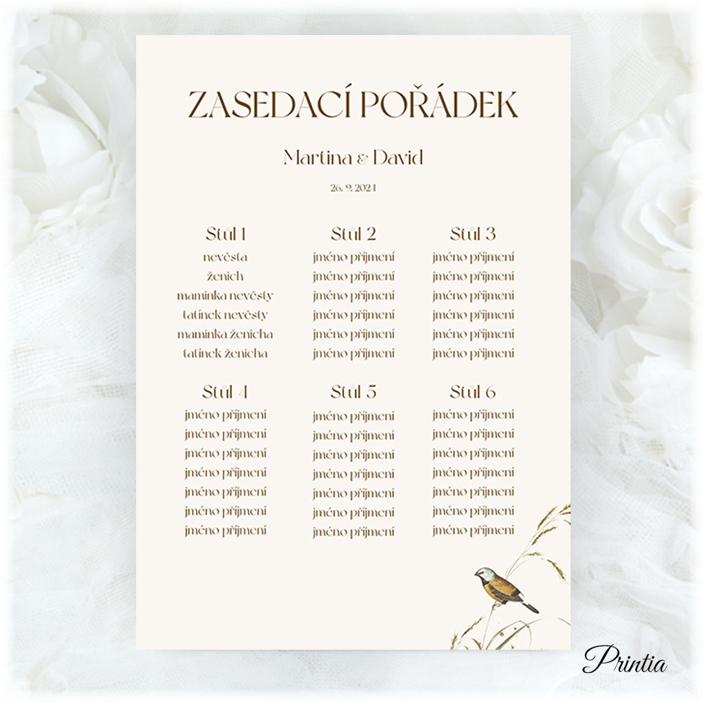 Wedding seating chart with a bird