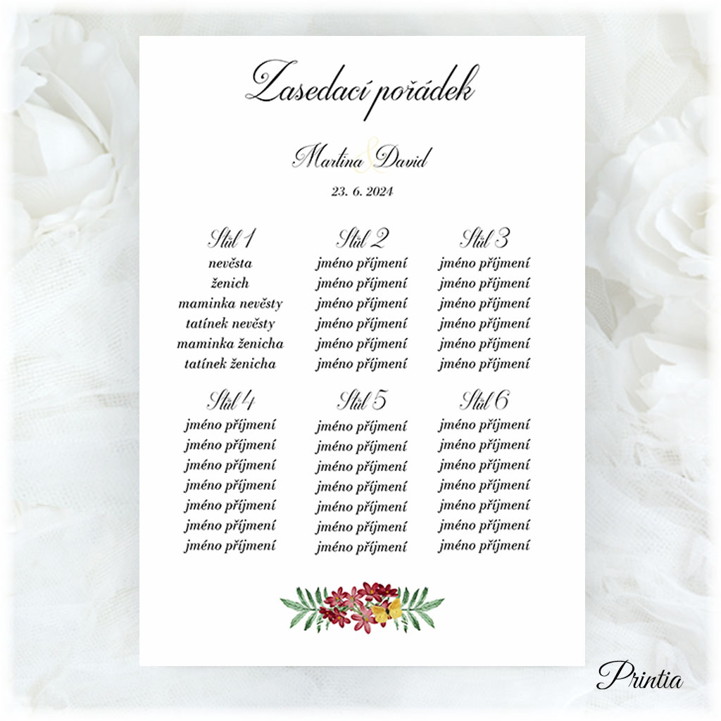 Wedding seating chart with meadow flowers