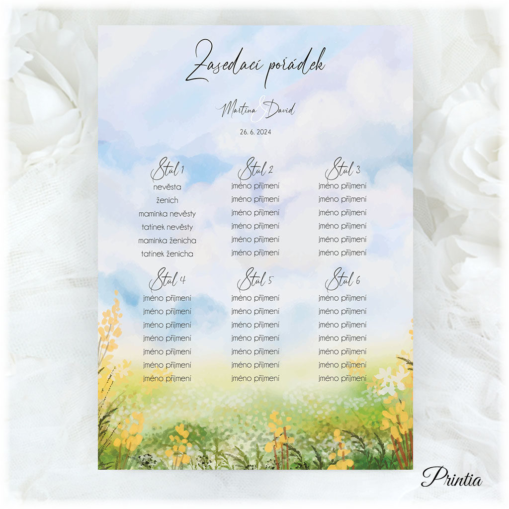 Wedding seating chart with a meadow