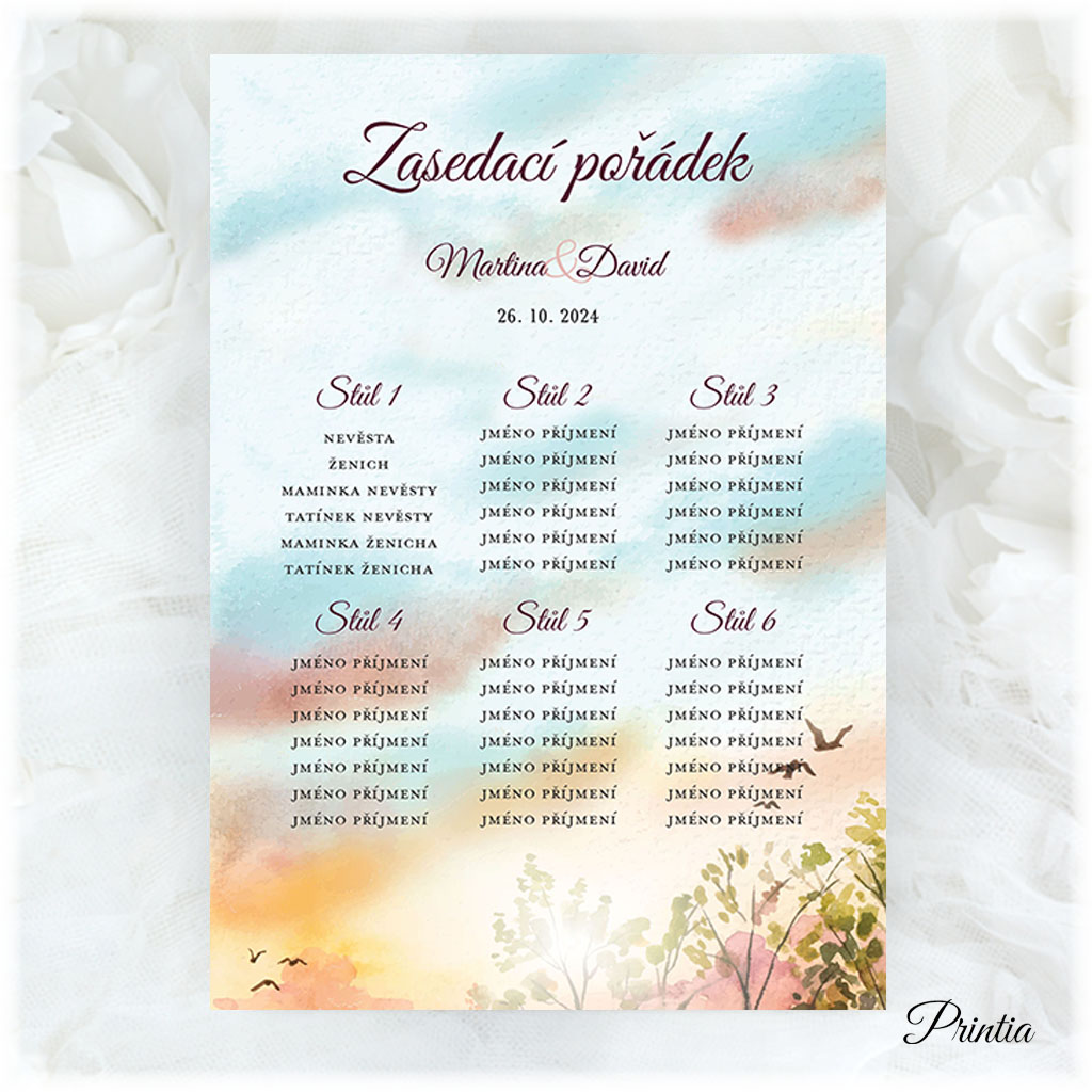 Wedding seating chart with autumn landscape