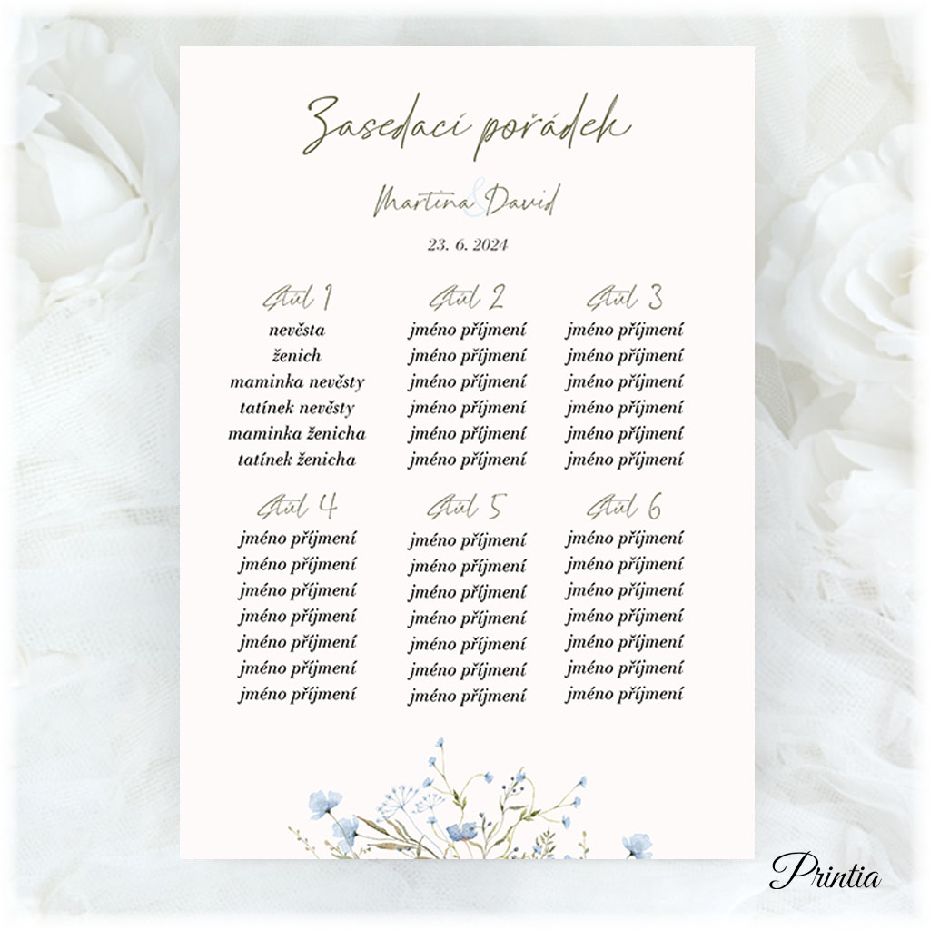 Wedding seating chart with meadow flowers