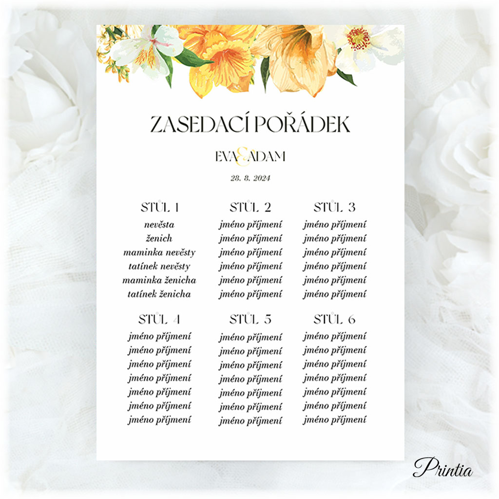 Seating chart with yellow flowers