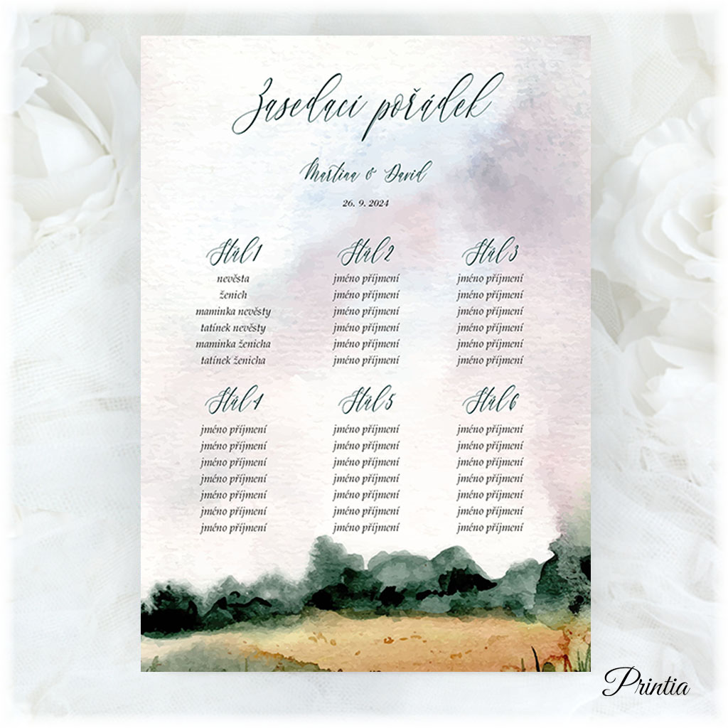 Wedding seating chart with a landscape with birds