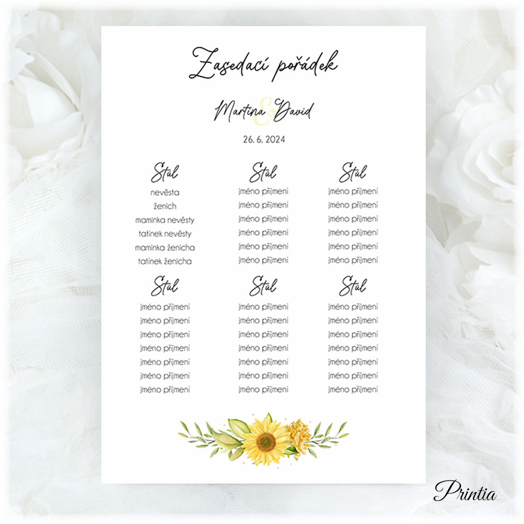 Wedding seating chart with sunflower