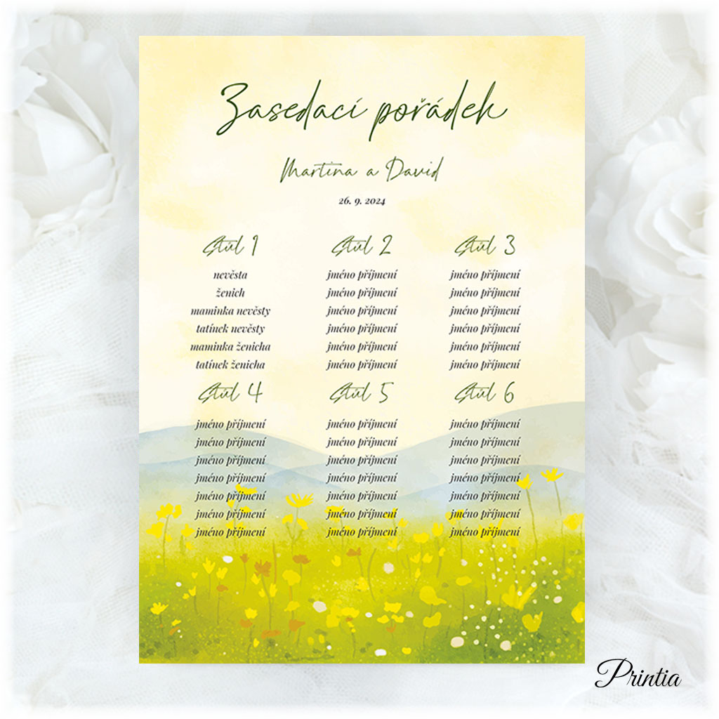 Wedding seating chart with a meadow