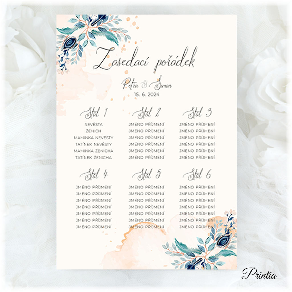 Wedding seating chart with turquoise flowers