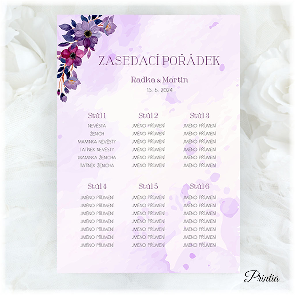 Wedding seating chart with purple flowers