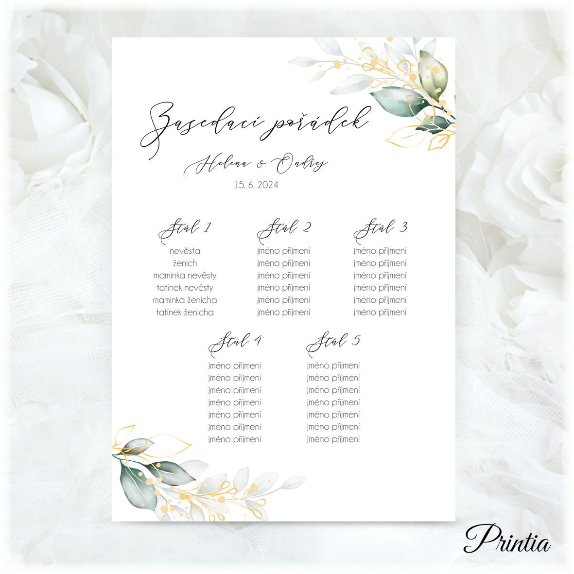 Wedding seating plan with green-yellow leaves