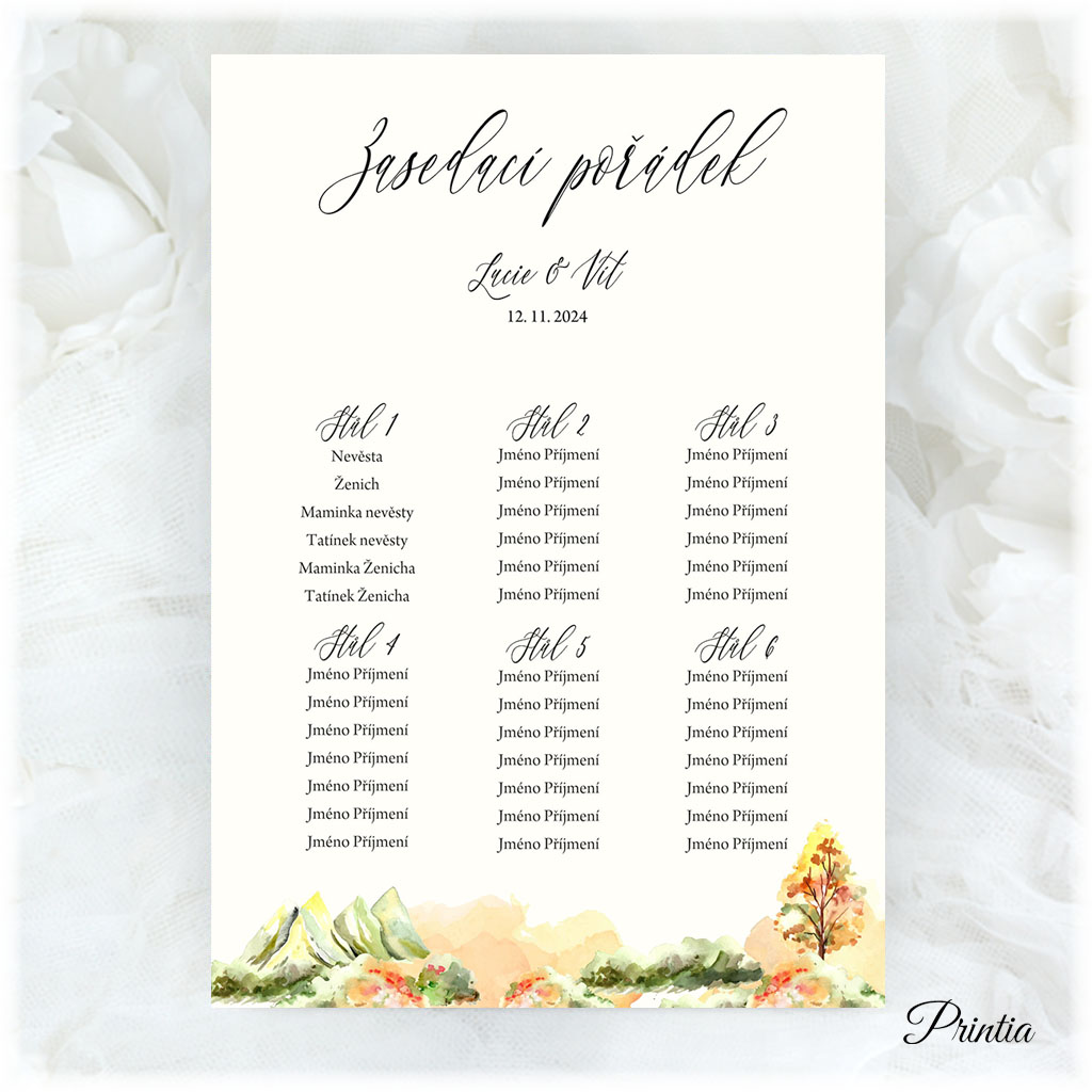 Wedding seating chart with autumn landscape