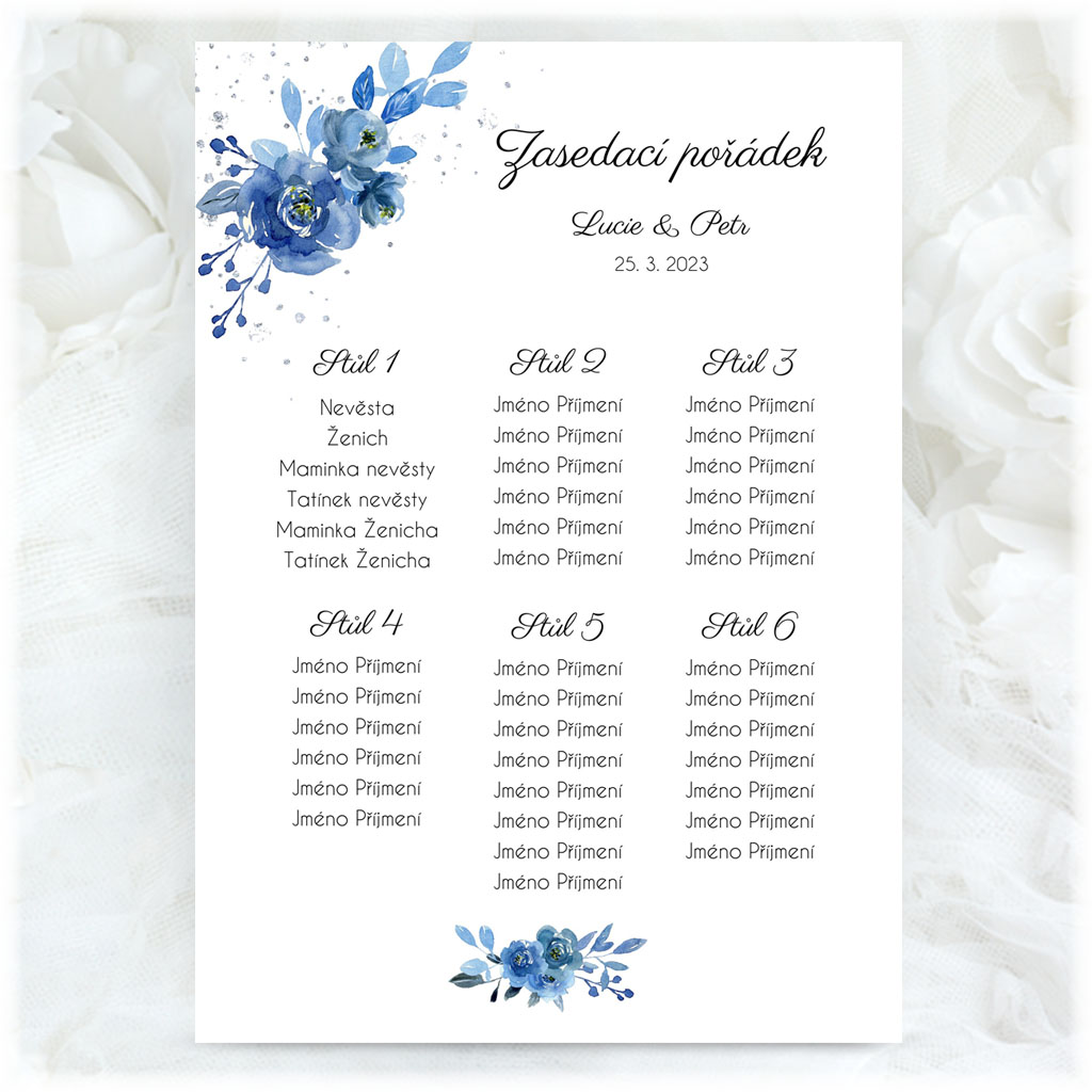 Seating chart with blue flowers 