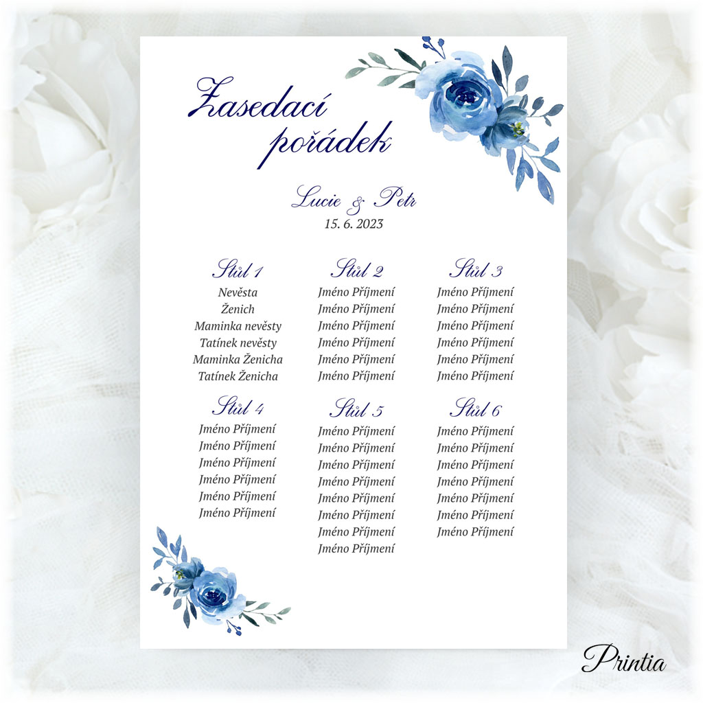 Seating chart with blue flowers