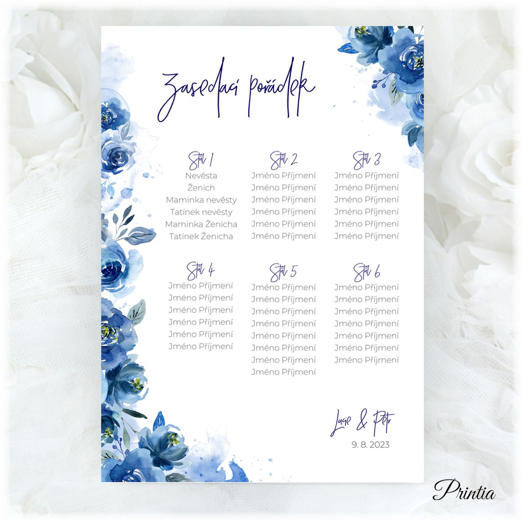 Wedding seating chart with blue flowers