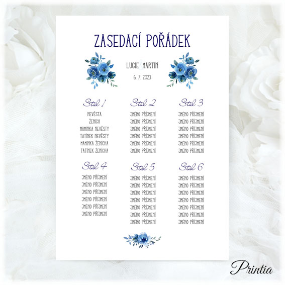 Wedding seating chart with blue flowers 