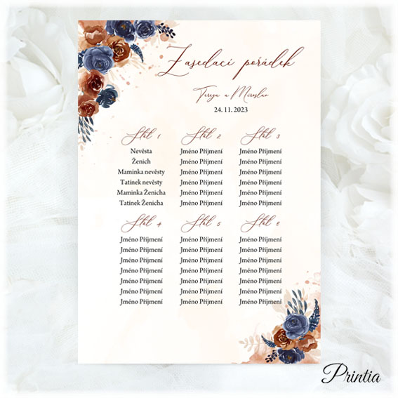 Wedding seating chart with blue and brown-orange flowers