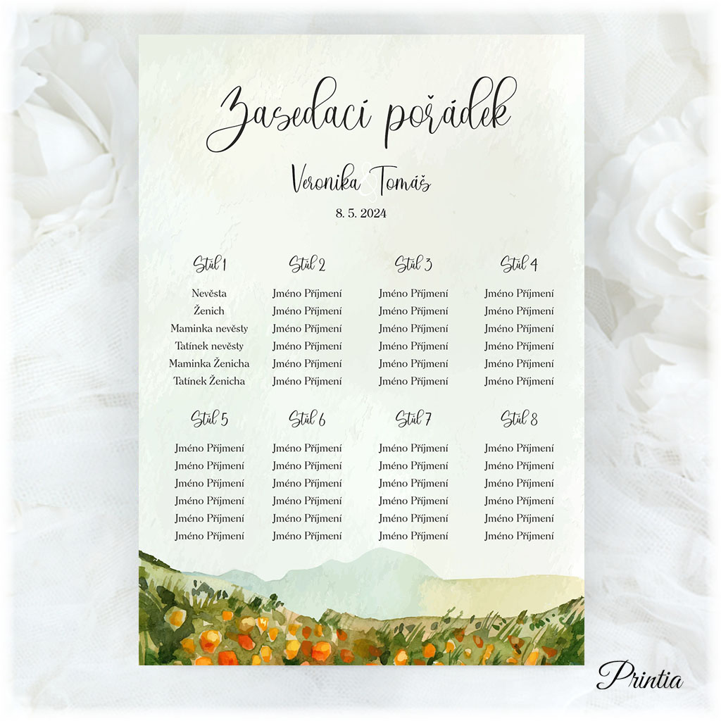 Seating plan with orange meadow flowers