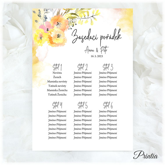 Wedding schedule with yellow flowers