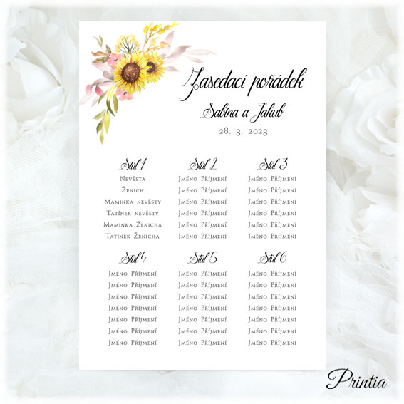 Wedding seat chart with yellow flowers