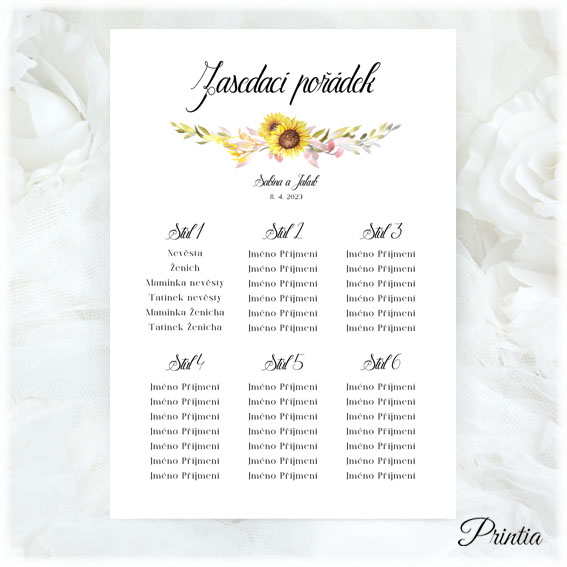Wedding seating plan with yellow flowers