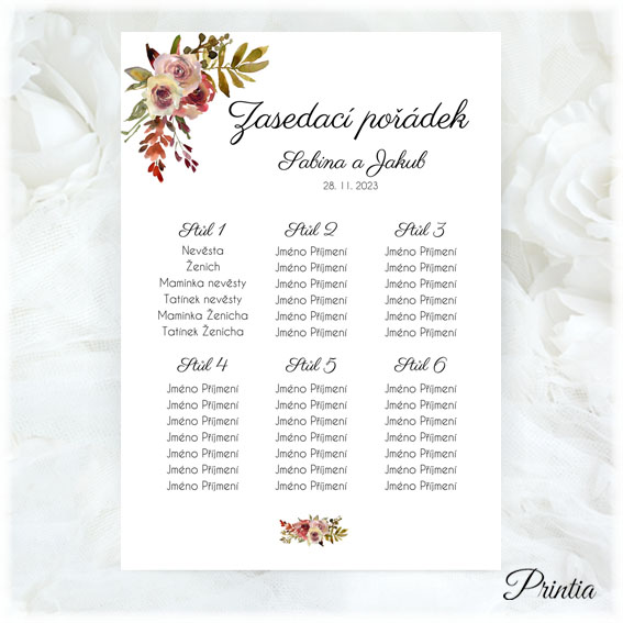 Wedding seating plan with autumn flowers