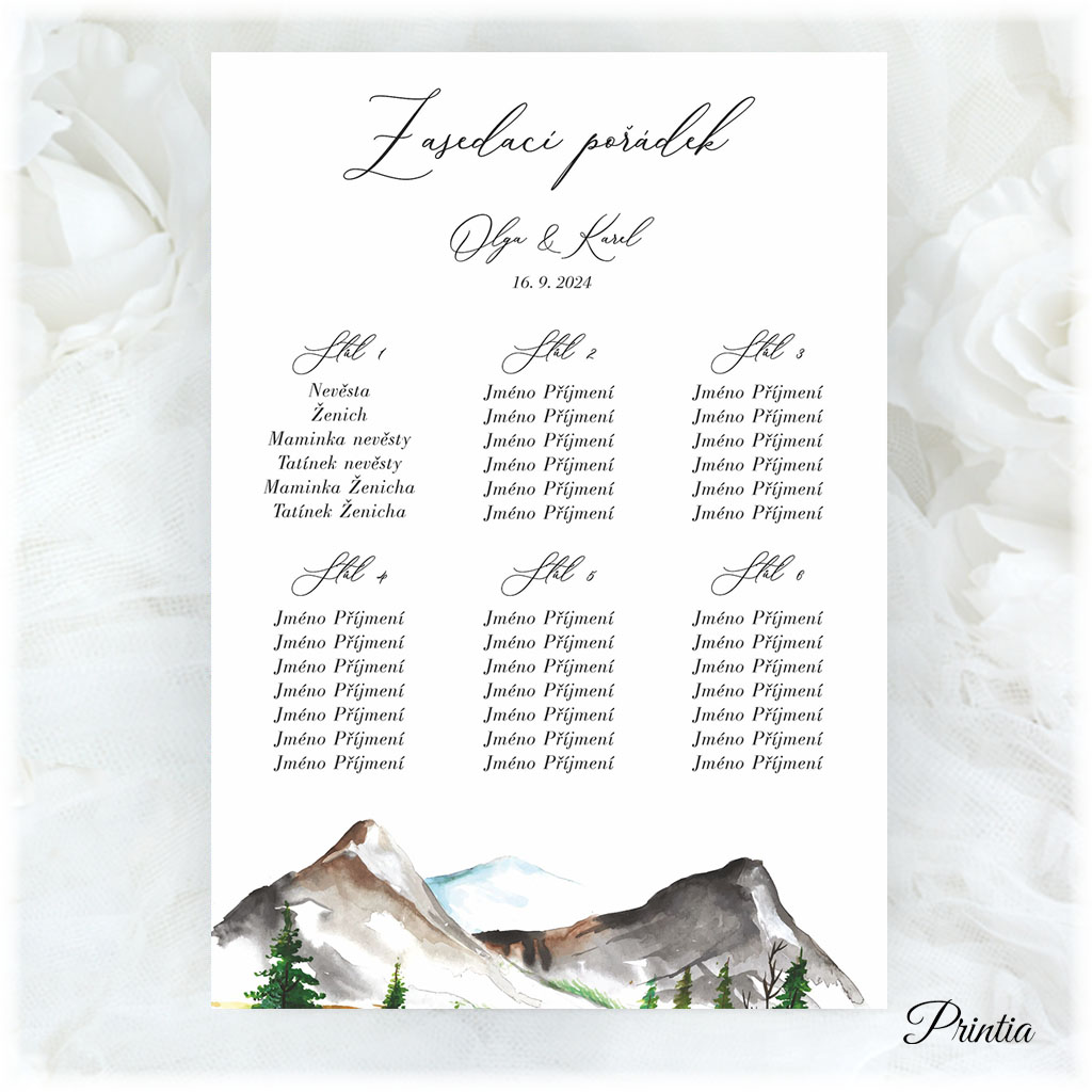 Wedding seating chart with mountains
