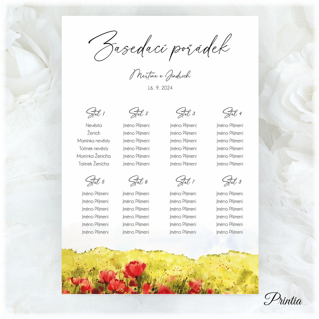 Wedding seating chart with poppies