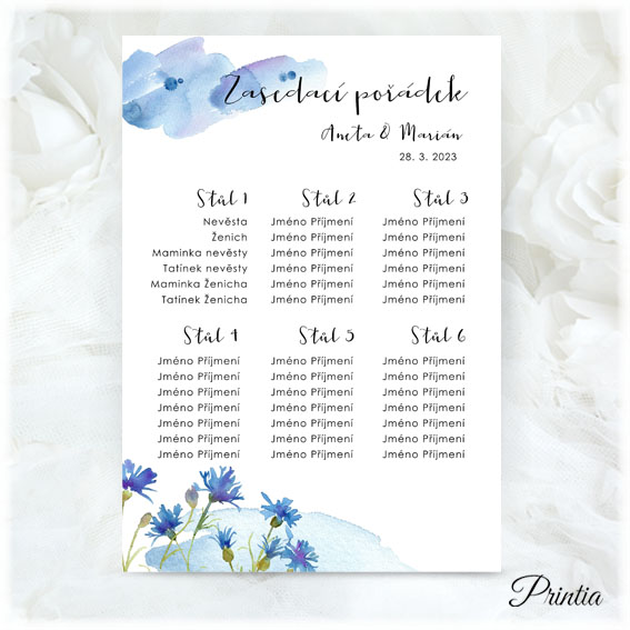 Wedding seating plan with cornflowers