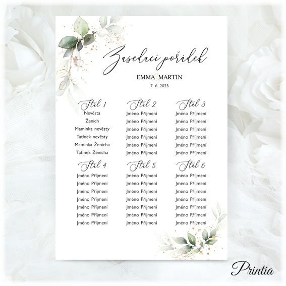 Wedding seating plan with green leaves