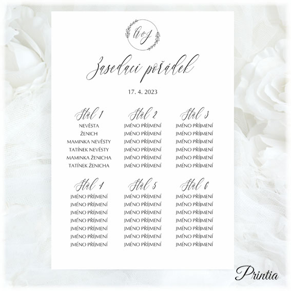 Wedding seating chart with initials in the wreath 