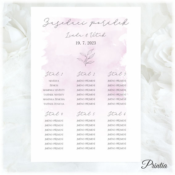 Wedding seating chart with pink background and twig 