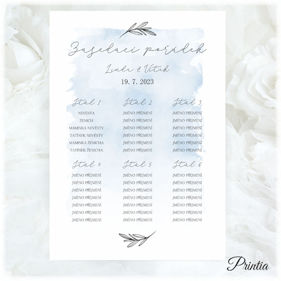 Wedding seating chart with blue background