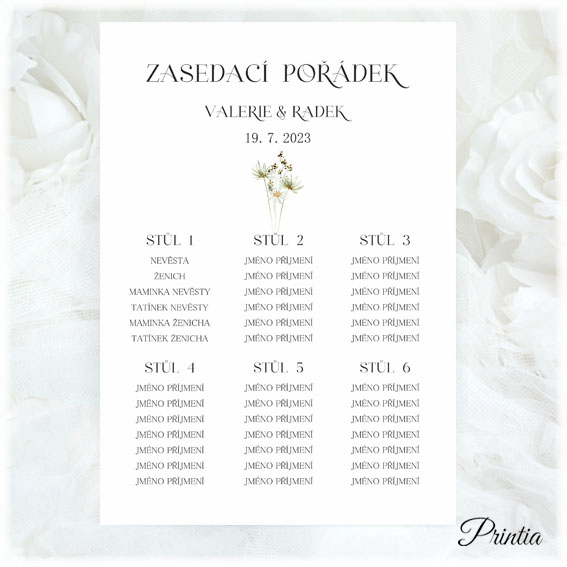 Wedding seating schedule with delicate flowers
