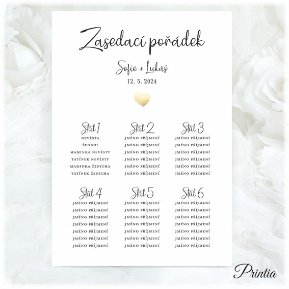 Wedding seating chart with golden heart
