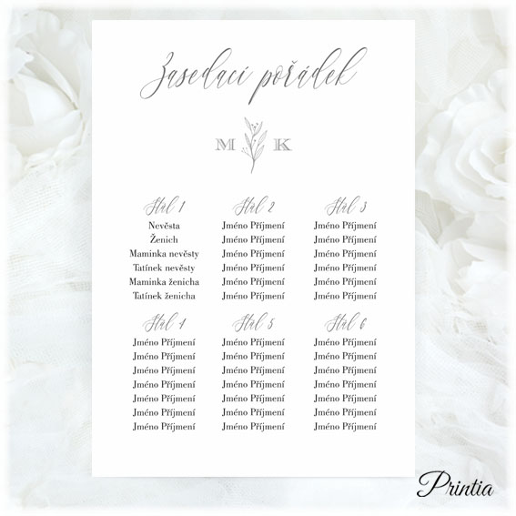 Wedding seating chart with initials and twig