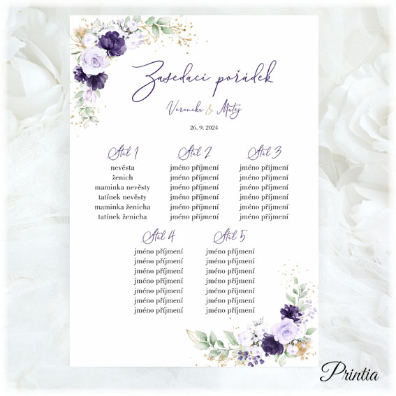 Wedding seating chart with purple flowers 