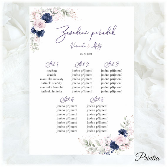 Wedding seating chart with blue and pink flowers