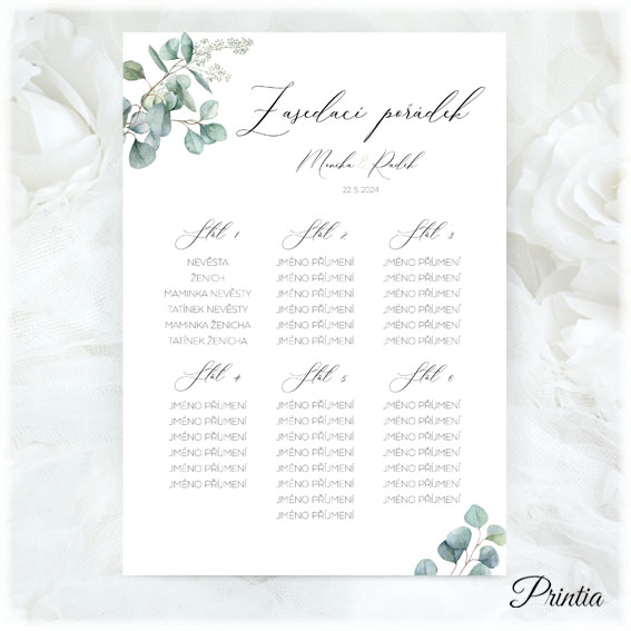 Wedding seating plan with eucalyptus leaves