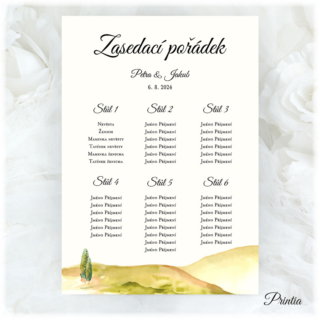 Wedding seating chart with mountains and meadow